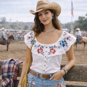 Pilcro Embroidered Ruffle Sleeve Button-Front Top – Size L – White Floral